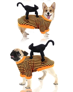 Detail of dog wearing orange striped Halloween costume with plush black cat decoration