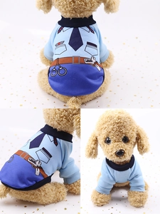 Detail view of pet police uniform showing graphic necktie, badge, and duty belt prints