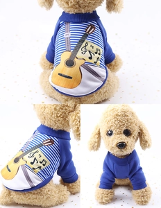Three-view detail of dog hoodie featuring guitar pattern and music notes on blue fabric