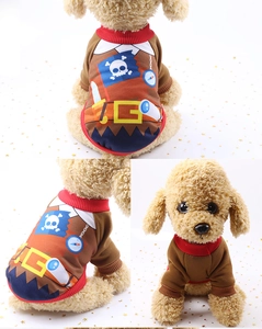 Detail view of funny pirate pet costume for small dogs with skull and crossbones print