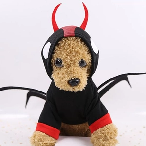 Funny Halloween devil dog hoodie with red horns and black wings for pet holiday costumes