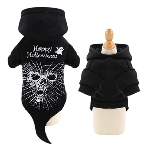Black Halloween pet hoodie with Happy Halloween spider web and ghost prints