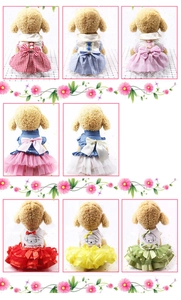 Detail display of colorful pet dresses with lace, denim, and bowknot decorations