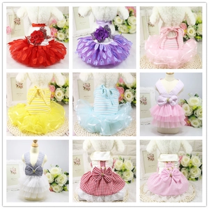 Collage showing various pet dresses with lace, stripes, and bows for dogs and cats