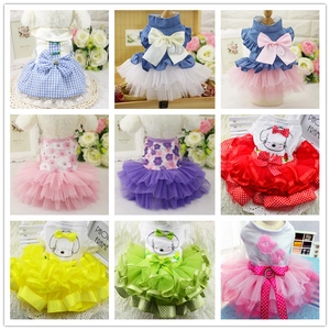 Collage of colorful pet princess dresses with lace, bows and floral mesh for small dogs