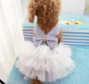 Close-up of blue striped pet dress with mesh tutu and large decorative back bow