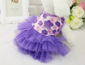 Detail of purple tulle pet tutu dress with 3D floral embroidery and layered mesh skirt