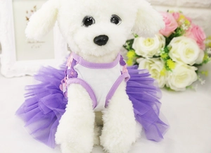 Detail of pet dress featuring purple layered mesh tutu and 3D floral embroidery
