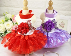 Detail of luxury dog tulle dresses with 3D floral embroidery and sequin leaves
