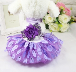 Detail of purple pet dress featuring mesh tutu skirt and 3D floral embroidery