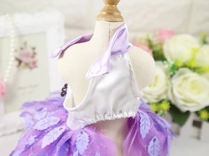 Detail view of purple pet dress with satin bodice and mesh skirt for small dogs