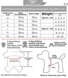 Detailed pet costume size chart for cats and dogs with chest and back length measurements