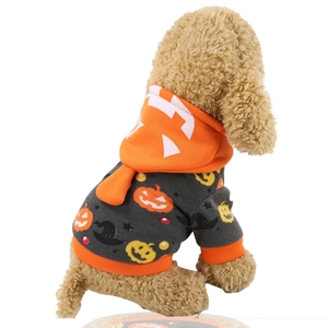 Detailed back view of pumpkin pattern halloween pet hoodie on a small dog model
