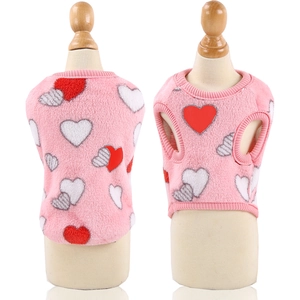 Detailed front and back views of a pink flannel pet vest with heart patterns