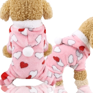 Pink heart-patterned flannel pet jumpsuit with pom-pom hood for small cats and dogs