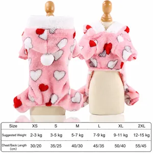 Guía de tallas para sudadera rosa de corazones para mascotas pequeñas y medianas en franela