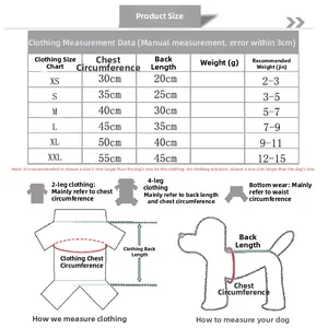 Size chart for cartoon duck pet clothes showing chest and back length for dogs and cats