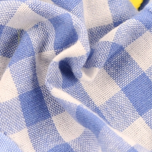 Macro shot of blue and white gingham cotton fabric showing detailed weave texture