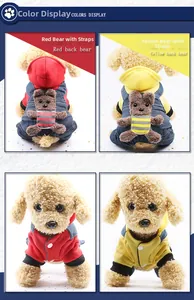 Detail view of thickened pet hoodies in red and yellow with cute bear accessories