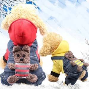 Pet Dog Jumpsuit Winter Warm Thickened Fleece Hoodie Denim Overalls With 3D Plush Bear Cute Small Dog Clothes