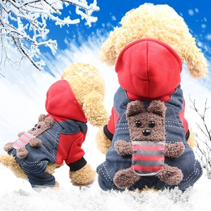 Padded winter pet suit with red hoodie, denim overalls and a 3D plush bear decoration