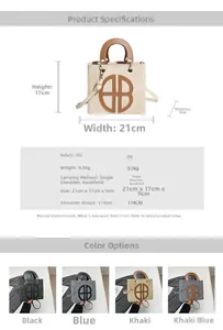 Detailed size chart and multi-color options for square PU leather crossbody bag