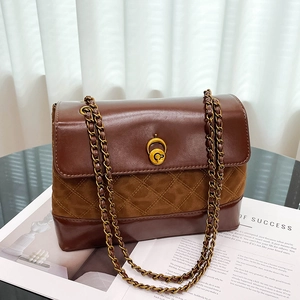 Quilted Crossbody Bag Women PU Leather Suede Splicing Chain Strap Vintage Shoulder Handbag Large Capacity Metal Lock