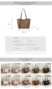 Detailed size chart and five color variants of large PU tote bag with bear charm detail