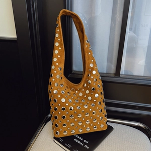 Borsa a Spalla da Donna Vintage Punk con Borchie in Camoscio Hobo Bucket Bag Sottobraccio in Finta Pelle Scamosciata per Pendolari