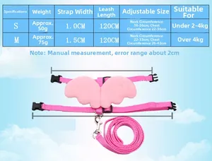 Size chart for pink angel wing dog harness and leash with detailed S and M dimensions