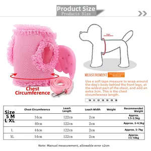 Size chart for pink denim dog harness with lace wings, including chest and weight guide