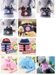Detailed grid of denim and sailor style pet harness sets with metal buckles and floral lace
