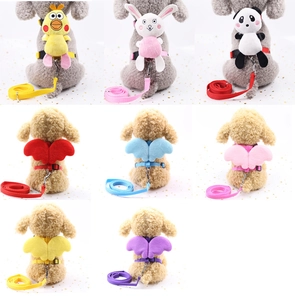 Detailed collage of denim pet harnesses with plush cartoon animals and angel wings