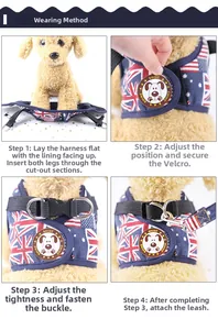 Step-by-step guide showing how to wear the British flag pattern dog harness and leash set