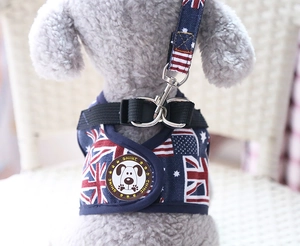 Detail of durable canvas dog harness featuring a British flag pattern and secure metal D-ring