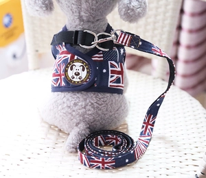 Detail of denim dog harness with British flag pattern and shiny metal buckle on toy dog