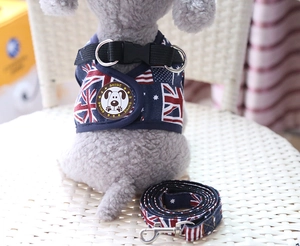 Detail of denim dog harness and leash set with British flag print on a teddy dog model