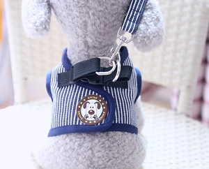 Detail of blue striped dog harness with metal D-ring and SHINE badge on a toy model