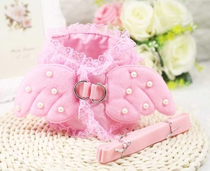 Pink lace pet harness with angel wings and pearls for small dogs and cats