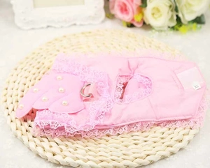 Detailed view of pink silk pet harness with lace trim, pearls, and XS size tag