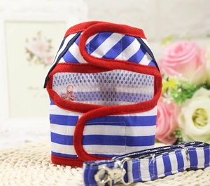 Close-up of blue and white striped dog harness with red piping and breathable mesh