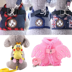 Denim and mesh pet harness leash set with various patterns for small dogs and cats