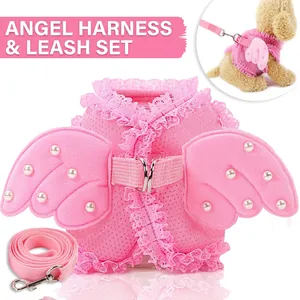 Pink lace pet harness with angel wings and leash set for small dogs and cats