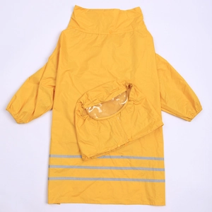 Detailed flat lay of yellow dog raincoat with triple reflective safety stripes