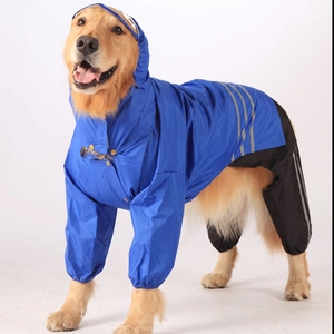 Macro view of blue waterproof dog raincoat with silver stripes for large golden retriever