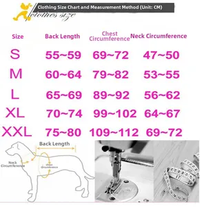 Size chart for large dog raincoat showing S-XXL back length, chest and neck measurements