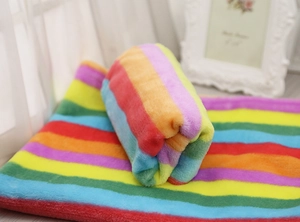 Dettaglio della trama della coperta in flanella a strisce arcobaleno per animali