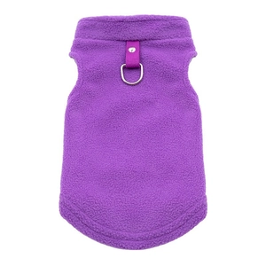 Detail of purple fleece pet vest with metal D-ring for leash attachment and textured fabric