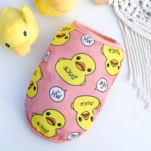 Detailed view of pink mesh dog vest with yellow duck patterns and breathable fabric
