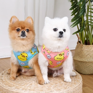 Breathable mesh dog harness with cute yellow duck print on pink and blue vests